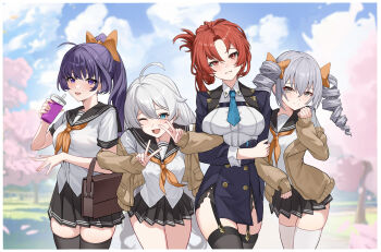 4girls ahoge bag black_garter_straps black_sailor_collar black_skirt black_thighhighs blue_eyes blue_skirt blue_sky blue_vest breasts bronya_zaychik brown_sweater commentary_request double_v drill_hair garter_straps grey_eyes grey_hair high_ponytail highres honkai_(series) honkai_impact_3rd kiana_kaslana lao_xi large_breasts long_hair looking_at_viewer miniskirt multiple_girls murata_himeko neckerchief orange_neckerchief pleated_skirt ponytail purple_eyes purple_hair raiden_mei red_eyes red_hair sailor_collar school_bag school_uniform serafuku skirt sky small_breasts smile sweater thighhighs thighs twin_drills v very_long_hair vest white_hair white_serafuku white_thighhighs zettai_ryouiki