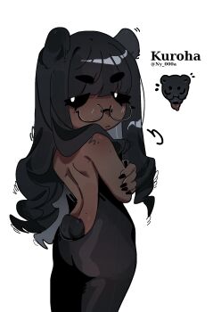 1girl animal_ears bear black_hair character_name chibi chibi_inset colored_sclera commentary dark-skinned_female dark_skin english_commentary furry glasses highres long_hair nail_polish ny_000a original signature simple_background