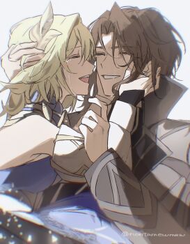 1boy 1girl alternate_universe blonde_hair blue_dress breasts brown_hair collared_jacket commentary_request couple crying curtained_hair detached_sleeves dress facing_another genshin_impact good_end grey_jacket grey_sleeves hair_intakes hair_ornament hand_in_another's_hair hands_on_another's_face hetero high_collar highres jacket lapels light_blush long_sleeves nontamewmew open_mouth rerir_(genshin_impact) short_hair small_breasts smile tears teeth tholindis_(genshin_impact) twitter_username upper_teeth_only white_background white_mouth white_sleeves