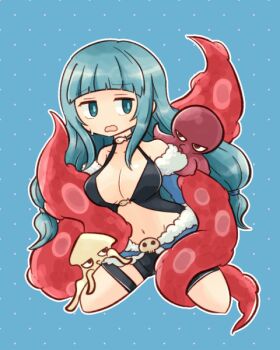 1girl arched_bangs black_shorts black_tank_top blue_background blue_cape blue_eyes blue_hair blue_sleeves blunt_bangs breasts cape cleavage clothing_cutout detached_sleeves full_body fur-trimmed_cape fur-trimmed_sleeves fur_trim large_breasts long_hair navel octopus open_mouth pochiko_(poteko) ragnarok_online short_shorts shorts solo squid stalker_(ragnarok_online) stomach_cutout tank_top tentacles thigh_strap waist_cape