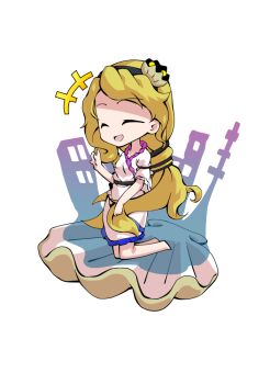 1girl barefoot blonde_hair breasts chibi chibi_only clam closed_eyes commentary_request dairi dress frilled_dress frilled_sleeves frills full_body hand_up kneeling large_variant_set laughing long_hair short_sleeves side_slit simple_background solo tachi-e touhou transparent_background variant_set very_long_hair watari_nina white_dress