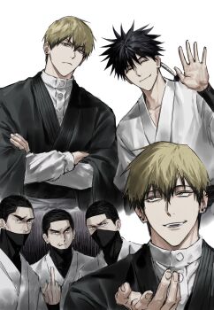 5boys black_hair blonde_hair character_request closed_mouth colored_tips crossed_arms ear_piercing earrings highres japanese_clothes jewelry jujutsu_kaisen male_focus mask middle_finger mouth_mask multicolored_hair multiple_boys multiple_views ninja_mask piercing shaved_head short_hair simple_background smile spiked_hair sso_s two-tone_hair waving white_background zen'in_naoya zen'in_ranta