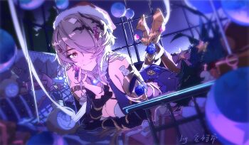 1girl artist_name box breasts brown_hair chinese_commentary christmas_present christmas_tree cleavage commentary_request gift gift_box go_satoshi_ko hat high_heels highres honkai_(series) honkai_impact_3rd indoors large_breasts looking_at_viewer lying mole mole_under_eye night on_stomach purple_dougi purple_eyes red_hat rita_rossweisse rita_rossweisse_(miss_espionage) santa_hat short_hair smile solo the_pose