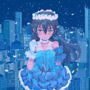 Rule 34 | 1girl, blue dress, blue hair, blush, choker, city, closed mouth, dress, facing viewer, floating hair, flower, flower wreath, gloves, hand up, head wreath, highres, light smile, lips, long hair, love live!, love live! school idol project, night, no lineart, official alternate costume, ohayo tamago, outdoors, solo, sonoda umi, standing, upper body, white flower, white gloves, yellow eyes, yume no tobira