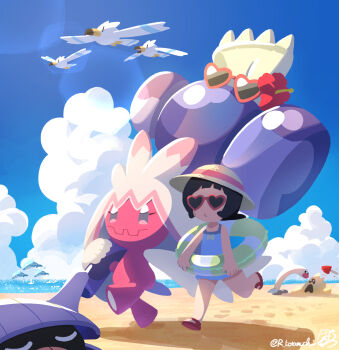 2girls beach black_hair blue_one-piece_swimsuit blue_sky botamochi_(exwelder) colored_skin fangs flower full_body gen_1_pokemon gen_3_pokemon gen_7_pokemon grey_eyes hammer hat heart heart-shaped_eyewear hibiscus holding holding_hammer looking_at_viewer multicolored_skin multiple_girls nintendo one-piece_swimsuit outdoors pink-framed_eyewear pink_hair pink_skin pokemon pokemon_(creature) pokemon_sv pool_float poppy_(pokemon) red_flower red_sandals sandals sandygast shellder short_hair skin_fangs sky standing sun_hat swimsuit tinkaton two-tone_skin wiglett wingull
