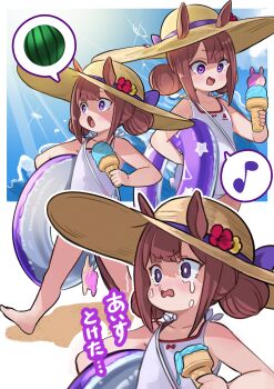 1girl absurdres aged_down animal_ears barefoot brown_hair cloud double_bun ears_through_headwear eighth_note flat_chest food hair_bun hat highres holding holding_food holding_ice_cream holding_swim_ring horse_ears ice_cream ice_cream_cone ice_cream_cone_spill innertube musical_note one-piece_swimsuit outdoors purple_eyes sequential short_hair spoken_food spoken_musical_note sun_hat sweep_tosho_(umamusume) swim_ring swimsuit tearing_up translation_request umamusume v-shaped_eyebrows walking watermark waves yokoji_(kodai2015)