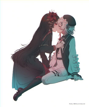 2girls black_dress black_hair black_hat black_pantyhose closed_eyes commentary_request dress flower hair_flower hair_ornament hat highres kiss long_hair long_sleeves mahou_shoujo_no_majo_saiban multiple_girls nikaido_hiro pantyhose red_eyes sakuraba_ema shorts simple_background thigh_strap tonht white_background white_hair white_shorts yuri