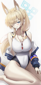 1girl absurdres animal_ear_fluff animal_ears blonde_hair blue_archive blue_eyes blue_halo blue_jacket breasts competition_swimsuit covered_navel dog_ears dog_girl extra_ears hair_over_one_eye halo highleg highleg_one-piece_swimsuit highres jacket jacket_partially_removed kanna_(blue_archive) kanna_(swimsuit)_(blue_archive) large_breasts long_hair looking_at_viewer notched_ear official_alternate_costume one-piece_swimsuit ponytail simple_background solo swimsuit user_purg4332 whistle whistle_around_neck white_background white_one-piece_swimsuit