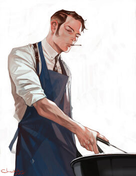 1boy apron black_eyes black_hair black_necktie blue_apron cigarette collared_shirt cooking ctkcave grill grilling holding holding_spatula male_focus mature_male necktie original parted_hair shirt short_hair sideburns simple_background smoking solo spatula suspenders white_background white_shirt