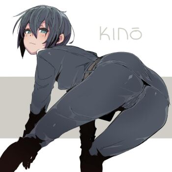 1girl ass belt bent_over black_hair blue_eyes blush boots breasts ettone formal_clothes gloves impossible_clothes kino_(kino_no_tabi) kino_no_tabi looking_at_viewer looking_back messy_hair multicolored_background short_hair simple_background small_breasts smile smug source_request striped_background suit tomboy white_background