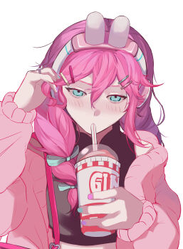 Rule 34 | 1girl, absurdres, animal ear headphones, animal ears, aubrey (birthday) (omori), aubrey (faraway) (omori), aubrey (omori), bag, bare shoulders, black shirt, blue bow, blue eyes, blue nails, bow, braid, cardigan, chinese commentary, commentary request, crop top, cropped shirt, cup, disposable cup, drinking, drinking straw, drinking straw in mouth, fake animal ears, fenda191208, from above, hair bow, hair ornament, hair over shoulder, hand in own hair, hands up, headphones, heart, highres, holding, holding cup, jewelry, long hair, long sleeves, looking at viewer, midriff, multicolored nails, nail polish, official alternate costume, official alternate hairstyle, omori, open cardigan, open clothes, pale skin, pink bag, pink cardigan, pink hair, pink nails, puffy long sleeves, puffy sleeves, purple nails, rabbit ear headphones, rabbit ears, ring, shirt, shoulder bag, simple background, sleeveless, sleeveless shirt, solo, twin braids, upper body, upturned eyes, white background