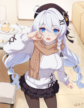 1girl birthday black_hat black_pantyhose black_skirt blue_eyes brown_scarf cake commentary_request dated ejieaa food hair_ornament hat highres honkai_(series) honkai_impact_3rd indoors kiana_kaslana layered_skirt long_sleeves miniskirt open_mouth pantyhose plate scarf skirt solo star_(symbol) sweater white_sweater x_hair_ornament