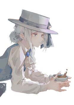 Rule 34 | absurdres, ascot, blue pendant, collar, cup, elyzerda, frills, hat, highres, holding, holding cup, reverse:1999, tagme, vertin (reverse:1999), white ascot, white collar, white eyes, white hair, white hat