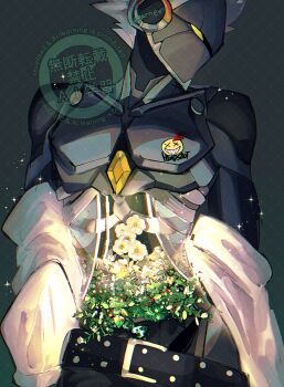 1boy artificial_eye belt billy_kid clothed_robot commentary_request flower grass green_background humanoid_robot ice_ice_mint male_focus mechanical_arms mechanical_eye metal_skin no_mouth ribs robot robot_boy shirt solo sparkle undressing upper_body white_flower white_hair white_shirt wire yellow_eyes zenless_zone_zero