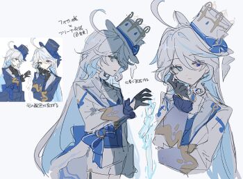 1girl blue_bow blue_hat bow expressionless focalors_(genshin_impact) furina_(genshin_impact) furina_(old_design)_(genshin_impact) genshin_impact hand_on_own_face hat highres inagoinaire long_hair looking_at_viewer multicolored_hair shorts simple_background sketch white_background white_hat