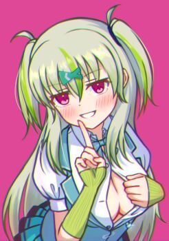 1girl :d absurdres arm_warmers blue_skirt blue_vest blush breasts cleavage commentary_request cowboy_shot eyes_visible_through_hair glint green_arm_warmers green_hair green_streaks grin hair_between_eyes hands_up heaven_burns_red highres index_finger_raised large_breasts long_hair looking_at_viewer miniskirt multicolored_hair ooshima_isuzu open_mouth pink_background pink_eyes pleated_skirt presenting_breasts seductive_smile shirt simple_background sizmaru11 skirt smile solo streaked_hair two_side_up very_long_hair vest white_shirt