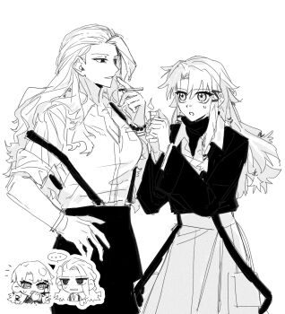 ... 2girls :o absurdres breast_pocket breasts chibi chibi_inset chinese_commentary cigarette cleavage collared_shirt commentary dress_shirt fire genderswap genderswap_(mtf) greyscale hair_behind_ear hair_bun hand_on_own_hip highres holding holding_cigarette holding_lighter kagurabachi lighter long_hair monochrome multiple_girls open_mouth parted_lips pocket qingyao_u3u sazanami_hakuri shiba_tougo shirt single_side_bun sleeves_rolled_up spoken_ellipsis suspenders suspenders_hanging sweat turtleneck wristband