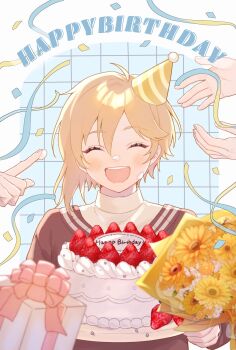 Rule 34 | 1boy, 2others, :d, asymmetrical hair, birthday, birthday cake, blonde hair, blue background, blush, border, bouquet, brown sweater, cake, closed eyes, commentary, cream, cream on face, ensemble stars!, flower, food, food on face, fruit, gift, grid background, happy, happy birthday, hat, highres, holding, holding cake, holding food, holding plate, male focus, moka (210727), multiple others, nito nazuna, open mouth, out of frame, party hat, plate, shirt, shirt under sweater, short hair, smile, solo focus, strawberry, strawberry cake, sweater, teeth, turtleneck, untranslatable commentary, upper body, upper teeth only, white border, white shirt