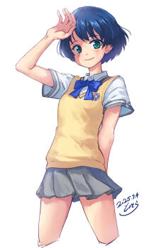1girl ano_natsu_de_matteru aqua_eyes blue_bow blue_hair blush bow dated grey_skirt hand_up highres school_uniform short_hair short_sleeves simple_background skirt smile solo standing tanigawa_kanna toyosora vest yellow_vest