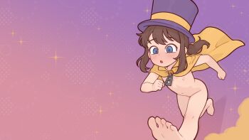 1girl a_hat_in_time barefoot blue_eyes brown_hair cape casytay commentary english_commentary flat_chest hat hat_kid highres loli nipples nude open_mouth ponytail purple_hat running soles solo toes top_hat variant_set yellow_cape