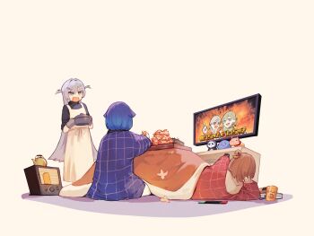 3girls absurdres akabeko alternate_costume apron blue_hair brown_hair controller cooking_pot gradient_hair grey_hair hair_flaps hair_intakes hair_rings hanabusa_lisa heater highres holding holding_controller holding_cooking_pot holding_remote_control komori_met kotatsu long_hair medium_hair monitor multicolored_hair multiple_girls orange_peel oven_mitts remote_control sendo_yuuhi simple_background single_hair_ring table teapot tsubu_(kappunioyu562) tsumugi_kokage two_side_up virtual_youtuber vspo! white_apron white_background yano_kuromu