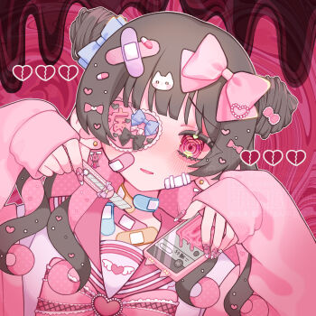 Rule 34 | 1girl, abstract background, aegyo sal, bandaid, bandaid on cheek, bandaid on chest, bandaid on face, bandaid on neck, black bow, blue bow, blunt bangs, blush, bow, bow eyepatch, bowtie, boxcutter, breasts, broken heart, brown background, cardigan, cat hair ornament, chocolate syrup, colored inner hair, commentary request, curly hair, double bun, dutch angle, earrings, eyepatch, eyes visible through hair, fingernails, frilled bowtie, frilled eyepatch, gauze, gauze on cheek, gold earrings, grey hair, hair bow, hair bun, hair ornament, hair over shoulder, halftone, hands up, heart, heart eyepatch, heart hair ornament, highres, hitose rei, holding, holding boxcutter, jewelry, jirai kei, large ears, long fingernails, long hair, long sleeves, looking at viewer, multicolored hair, nail polish, no nose, nose blush, one eye covered, open cardigan, open clothes, open mouth, original, outline, parted lips, pink background, pink bow, pink bowtie, pink cardigan, pink hair, pink nails, pink sailor collar, puffy long sleeves, puffy sleeves, raised inner eyebrows, ringed eyes, sailor collar, school uniform, shirt, simple background, single eyebrow, sleeves past wrists, small breasts, smile, solo, straight-on, stud earrings, tareme, two-tone background, two-tone hair, upper body, white outline, white shirt, yami kawaii