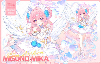 1girl apple_caramel bare_shoulders blue_archive blue_flower blue_hair blue_rose breasts character_name cleavage closed_mouth commentary_request copyright_name crescent crossed_legs double_bun dress feathered_wings flower gradient_hair hair_bun hand_up highres long_hair medium_breasts mika_(blue_archive) multicolored_hair pink_hair purple_eyes rose shoes smile solo standing strapless strapless_dress tiptoes very_long_hair white_dress white_shoes white_wings wings zoom_layer