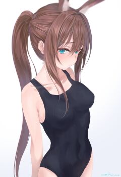 1girl absurdres amiya_(arknights) animal_ear_fluff animal_ears arknights black_one-piece_swimsuit blue_eyes breasts brown_hair closed_mouth collarbone ebonvow from_side grey_background hair_between_eyes hair_intakes hashtag-only_commentary highres long_hair looking_at_viewer medium_breasts one-piece_swimsuit ponytail pout rabbit_ears rabbit_girl sidelocks signature simple_background solo standing swimsuit wet