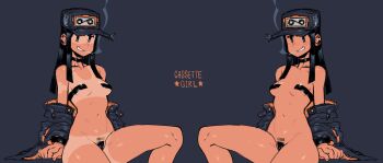 1girl absurdres barcode barcode_tattoo bare_shoulders black_background black_choker black_hair black_jacket breasts cassette_girl character_name choker cigarette collarbone dark-skinned_female dark_skin ear_piercing female_focus female_pubic_hair friday_night_funkin' grin hat highres jacket jacket_partially_removed knee_up long_hair looking_at_viewer medium_breasts mob_face multiple_views navel newgrounds nude pasties piercing pubic_hair pubic_tattoo pussy revealing_clothes shiny_skin sideboob simple_background sitting small_breasts smile solid_oval_eyes stomach tagme taikodon tan tanline tape tape_maebari tape_on_nipples tattoo thighs variations