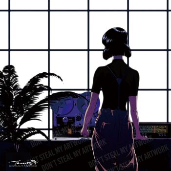 1girl black_shirt brown_pants cowboy_shot facing_away from_behind highres machine original pants plant shirt short_hair short_sleeves signature solo tree_13