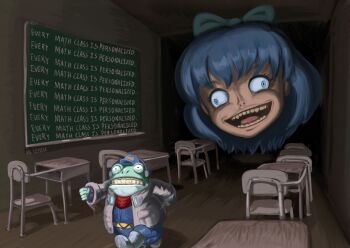 1boy 1girl black_footwear blue_bow blue_eyes blue_hair blue_headwear blue_jumpsuit boots bow brown_jacket chair chalkboard cirno classroom commentary creepypasta crossover desk disembodied_head english_commentary english_text fleeing floating_head frog furry hair_bow hat highres indoors iosys jacket jumpsuit long_sleeves mario_(series) nintendo profitwalrus running school_chair school_desk short_hair slippy_toad star_fox super_mario_64 touhou what
