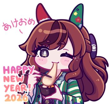 Rule 34 | 1girl, 2026, ;3, akeome, animal ears, aya chan1221, blush stickers, bowl, brown eyes, brown hair, chibi, chibi only, chopsticks, closed mouth, commentary, ear covers, eating, english commentary, food, green kimono, happy new year, heart, highres, holding, holding bowl, holding chopsticks, horse ears, horse girl, japanese clothes, kimono, long hair, long sleeves, looking at viewer, mochi, new year, nice nature (converging wishes) (umamusume), nice nature (umamusume), one eye closed, simple background, smile, solo, sparkle, striped clothes, striped kimono, thick eyebrows, umamusume, upper body, white background, wide sleeves
