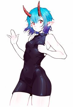 1girl absurdres anomarasu arm_up bare_shoulders black_dress blue_hair commentary commission demon_girl demon_horns dress english_commentary gradient_hair halterneck highres horns looking_at_viewer multicolored_hair original pointy_ears purple_hair red_eyes short_hair simple_background sleeveless sleeveless_dress solo two-tone_hair white_background