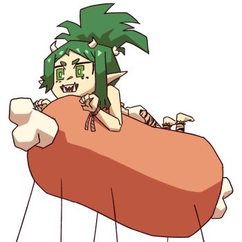 1girl animal_print artist_request balloon cavewoman claws female_focus food green_eyes green_hair hair_up highres horns meat meat_(vtuber) pointy_ears primitive scar scar_on_face scar_on_nose sharp_teeth smile teeth transparent_background virtual_youtuber