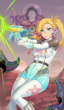 1boy 1girl aqua_skirt belt black_hair blonde_hair bodysuit breasts calamity_jane_(fate) cleavage earrings elbow_gloves energy_gun fate/grand_order fate_(series) forehead gilles_de_rais_(caster)_(fate) gilles_de_rais_(fate) gloves gold_trim green_eyes gun headset helmet hoop_earrings jewelry jikeshi large_breasts long_hair long_sleeves miniskirt official_art open_mouth parted_bangs pencil_skirt ray_gun short_hair side_ponytail skirt space_helmet spacesuit tentacles thighs weapon white_bodysuit white_gloves