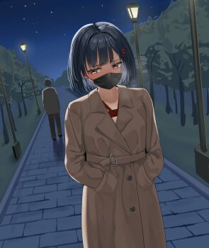 1boy 1girl absurdres black_hair blush bound bound_torso brown_coat brown_eyes buttons coat exhibitionism hair_ornament hairpin hands_in_pockets highres jiang_qian_xiao lamppost long_sleeves medium_hair night original outdoors public_indecency shibari shibari_under_clothes sky solo_focus star_(sky) starry_sky stealth_bondage tree variant_set walking