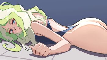 1girl absurdres ass blonde_hair blue_background blue_eyes blue_one-piece_swimsuit breasts closed_mouth diana_cavendish green_hair highres little_witch_academia long_hair lying madabau on_stomach one-piece_swimsuit simple_background smile solo swimsuit tile_floor tiles wavy_hair