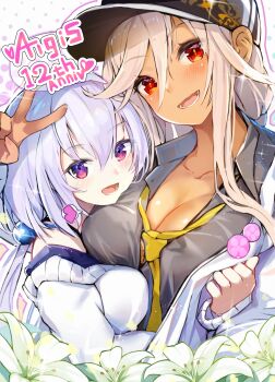 2girls black_shirt blush breasts cleavage collarbone commentary_request cruel_gz dark-skinned_female dark_skin flower green_flower hair_between_eyes heart highres long_hair looking_at_viewer medium_breasts multiple_girls necktie open_mouth purple_eyes purple_hair red_eyes sennen_sensou_aigis shirt smile solais_(sennen_sensou_aigis) spoken_heart sweater tuan_(sennen_sensou_aigis) upper_body v white_hair white_sweater yellow_necktie