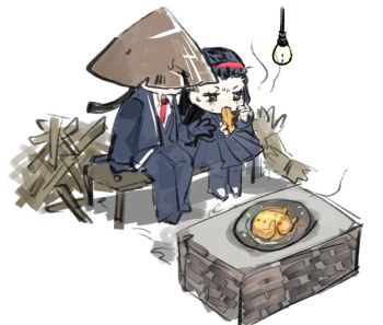 +_+ 1boy 1girl black_coat black_eyes black_kimono black_pants black_thighhighs blush ceiling_light chicken_(food) coat commentary_request eating food hairband hat hay_bale holding holding_food japanese_clothes jingasa kimono limbus_company long_hair necktie on_bench pants project_moon red_hairband red_necktie shirt shoggoth_(sirens20211) sitting sweatdrop thighhighs torn_clothes torn_hat white_background white_shirt wood-burning_stove