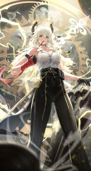 1girl absurdres arm_strap black_choker black_gloves black_horns black_pants blonde_hair breasts button_gap choker collarbone commentary curled_horns dixo_(user_srff3835) earrings gloves hair_between_eyes high-waist_pants highres horns jewelry key_earrings large_breasts long_hair looking_at_viewer mole mole_on_breast mouth_hold necktie necktie_around_wrists no_bra pants red_eyes red_necktie shield shirt shirt_tucked_in solo tight_clothes tight_pants torn_clothes torn_shirt white_shirt wuthering_waves zani_(wuthering_waves)