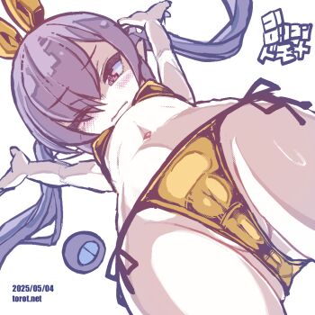 1girl arms_up backbeako_(torotei) backbeard bikini black_hair blush bow breasts cameltoe closed_mouth commentary dated dated_commentary dutch_angle eyes_visible_through_hair from_below gegege_no_kitarou gluteal_fold gold_bikini gold_bow hair_bow hair_over_one_eye kono_lolicon_domome loli long_hair looking_at_viewer looking_down navel one_eye_closed original paid_reward_available pointy_ears red_eyes side-tie_bikini_bottom simple_background small_breasts solo sweat swimsuit torotei translated twintails watermark web_address white_background