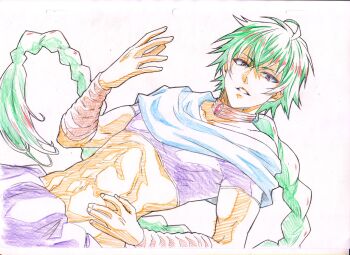 1boy abs bad_id bad_twitter_id braid brown_eyes collar colored_pencil_(medium) crop_top green_hair highres judal kawai_masaki long_hair magi_the_labyrinth_of_magic male_focus midriff single_braid solo traditional_media upper_body very_long_hair
