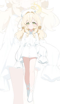 1girl :3 absurdres alternate_costume blonde_hair blue_archive closed_mouth dress fluffy_hair full_body green_eyes halo hat highres honi_(honi1010) long_sleeves looking_at_viewer professor_niyaniya_(blue_archive) side_ahoge sleeves_past_fingers sleeves_past_wrists smile solo white_dress white_hat yellow_halo
