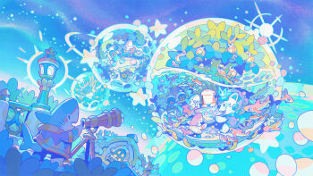animal animal_focus baby_animal bare_tree blue_sky blue_theme cat clothed_animal commentary english_commentary fish flying_fish highres house huion lamppost night night_sky no_humans original outdoors pastel_colors requinoesis shark sky star_(sky) star_(symbol) starry_sky telescope tree waves