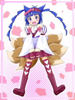 1girl animal_ears blue_hair blush boots commentary_request fingerless_gloves fox_ears fox_tail gloves highres iriomote_yamaneko japanese_clothes kusanagi_yuma magical_girl multiple_tails purple_eyes skirt smile soushin_shoujo_matoi tail thighhighs
