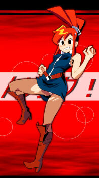 1girl belt black_eyes blue_dress blush boots breasts brown_belt brown_boots bubble_background cameltoe capcom clenched_teeth dress ghost_trick hair_ornament hairclip high_heels high_ponytail knee_boots leaning_back long_hair looking_down lynne_(ghost_trick) onnaski panties panty_peek ponytail red_background red_hair sidelocks sleeveless sleeveless_dress small_breasts standing standing_on_one_leg surprised teeth underwear white_panties wind wind_lift