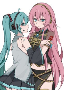 2girls ahoge aqua_eyes aqua_hair aqua_nails aqua_trim arm_cuffs bare_shoulders belt black_shirt black_skirt black_sleeves blush breasts collared_shirt commentary_request cowboy_shot detached_sleeves frilled_shirt frills grey_shirt hair_between_eyes hair_ornament hatsune_miku headset highres hug large_breasts long_hair long_sleeves looking_at_viewer megurine_luka microphone midriff multiple_belts multiple_girls nail_polish navel number_tattoo open_mouth pink_hair pleated_skirt profile see-through_clothes see-through_sleeves shirt shoulder_tattoo sidelocks sideways_glance simple_background skirt sleeveless sleeveless_shirt smile tattoo twintails untucked_shirt very_long_hair vocaloid waimoniku white_background wide_sleeves yuri