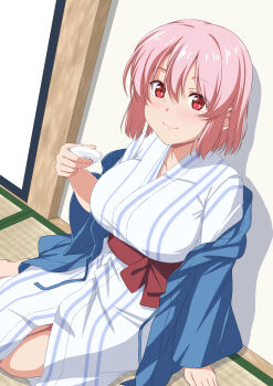 1girl absurdres bath_yukata breasts commentary_request cup highres holding holding_cup japanese_clothes kimono large_breasts looking_at_viewer nori_tamago pink_hair red_eyes saigyouji_yuyuko short_hair sitting solo touhou white_kimono yukata
