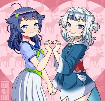 2girls :3 absurdres ahoge bird blue_eyes blue_hair blush dual_persona fins fish_tail gawr_gura goose hair_ornament heart heart_hands heart_hands_duo highres hololive hololive_english hood indie_virtual_youtuber long_hair medium_hair megasweet moose multicolored_hair multiple_girls open_mouth senzawa shark_tail silver_hair smile standing star_(symbol) star_hair_ornament streaked_hair tail virtual_youtuber voice_actor_connection x_hair_ornament