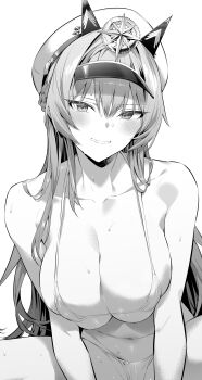 1girl absurdres bikini blush braid breasts collarbone crotch goddess_of_victory:_nikke hat helm_(nikke) highres hiiragi_yuuichi large_breasts long_hair monochrome peaked_cap simple_background solo spread_legs star_(symbol) sweat swimsuit wavy_mouth white_background